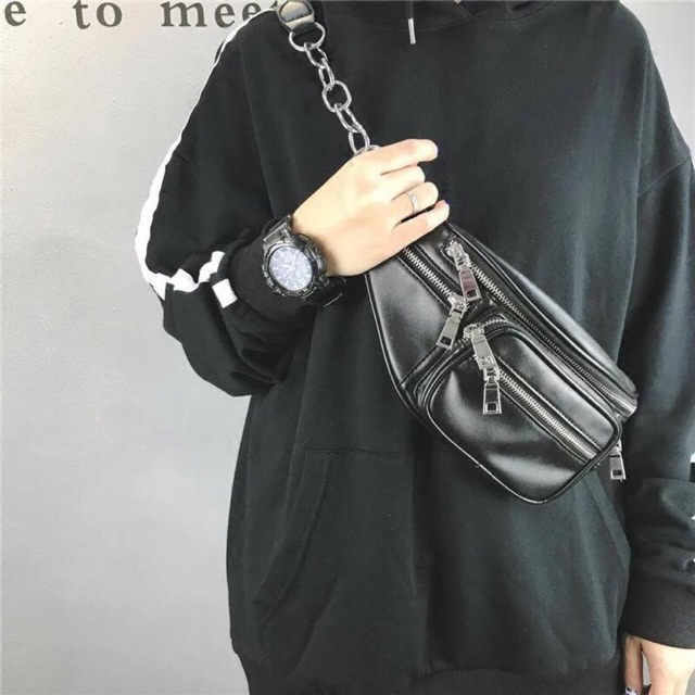 Túi bao tử da quai đeo xích ngang Unisex - kèm ảnh thâth