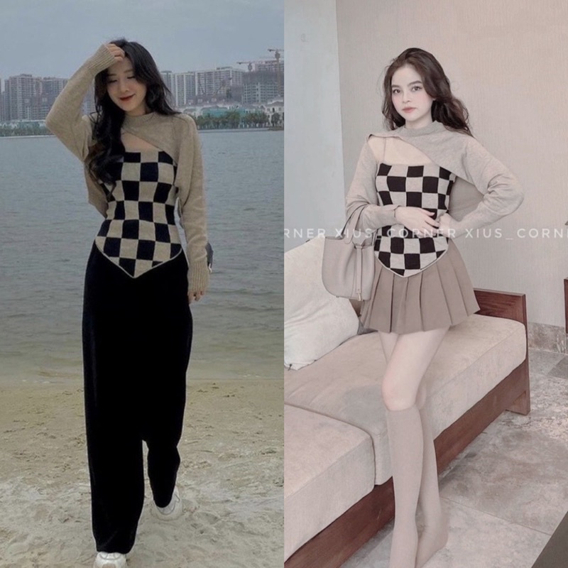 Set áo kẻ ô kèm áo xẻ phối quần suông culottes đen (về thêm set váy ly)