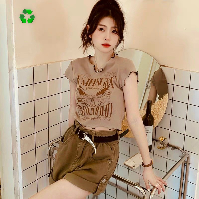Áo kiểu croptop  viền cuốn in chữ con bứm cực xinh , chất thun bozip mềm mịn