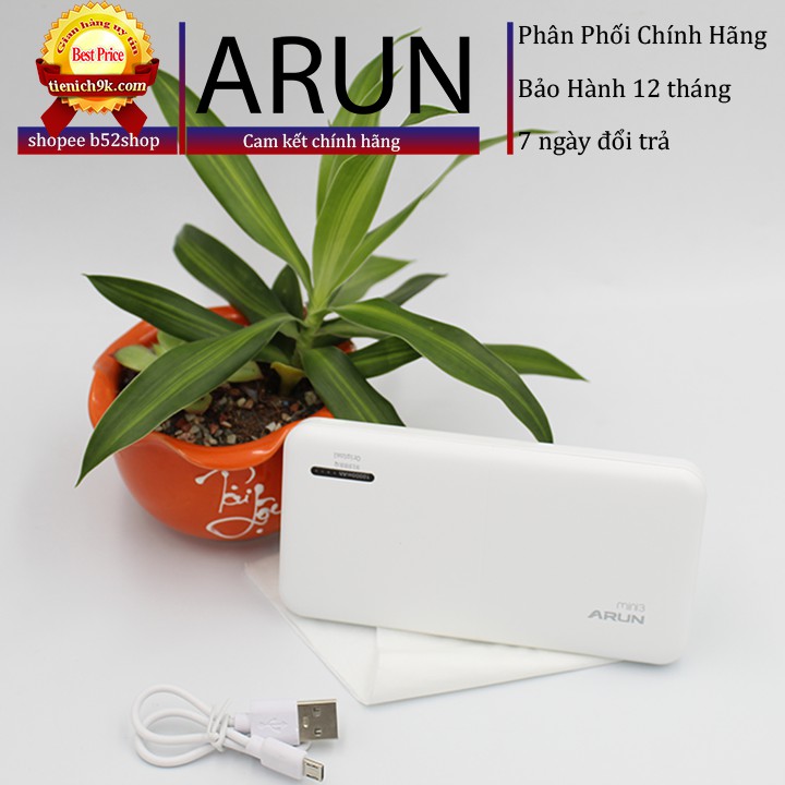 Sạc dự phòng Type_C 10000mah – Pin dự phòng Arun mini 3 siêu mỏng Type C Micro USB 2 cổng tiện lợi