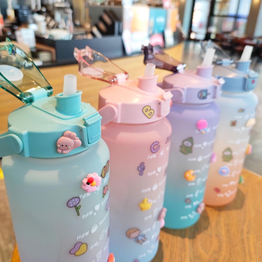 Bình Nước 2l , Bình Nước 2 Lít Cute Có Vạch Nhắc Nhỏ Uống Nước ,Bình Nước Thể Thao Có Vòi Hút BN12