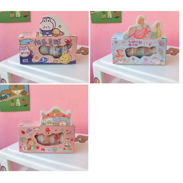 Hộp Washi Tape combo 5 Cuộn băng dính giấy Băng Keo Sticker Giấy Trang Trí Sổ Lưu Niệm DIY cute dễ thương