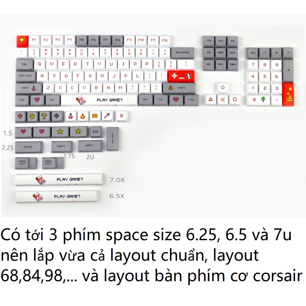 Keycap Mario Famicom 129 nút phím chất liệu thick PBT, Cherry profile, in dyesub 5 mặt vừa hầu hết các layout phím cơ