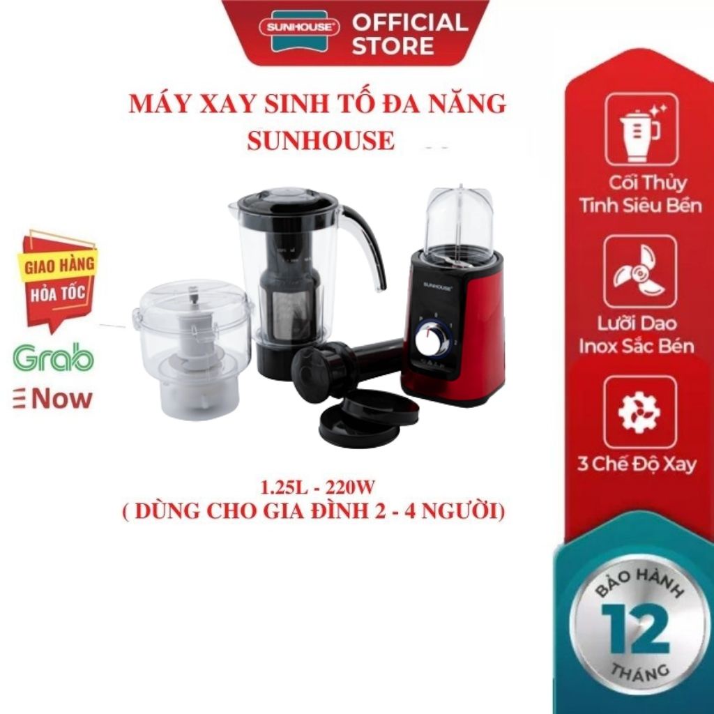 Máy xay sinh tố đa năng mini SUNHOUSE SHD5322B-2022 thể tích 1.25L 3 cối xay dùng xay hoa quả thực phẩm khô xay thịt cá