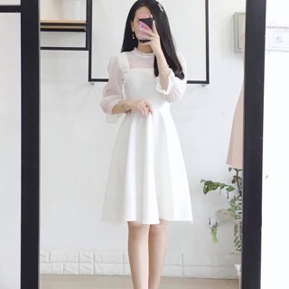Đầm trắng dự tiệc dáng xoè tay lưới