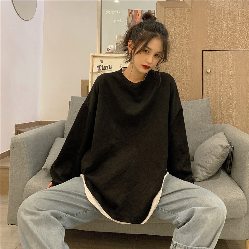 【ZHELIHANGFEI】Áo Thun Dài Tay Cổ Tròn Giả Hai Lớp Thời Trang Cá Tính