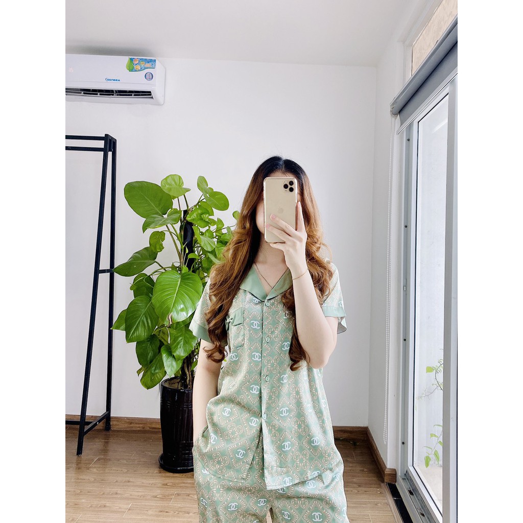 Bộ Pijama lụa giấy NOHK cao cấp mặc nhà cộc tay quần lửng họa tiết Cane