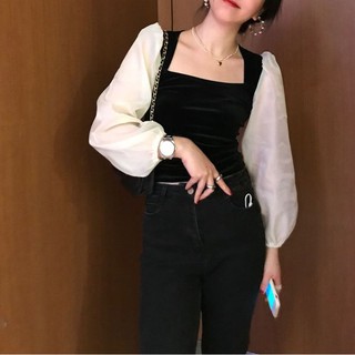 Áo nhung tay voan cổ kiểu