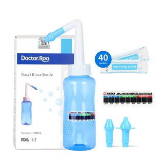 Doctor.Roo 300ml Neti Pot Sinus Rinse Set 40 Nasal Salt Packs and 1 Sticker Thermometer