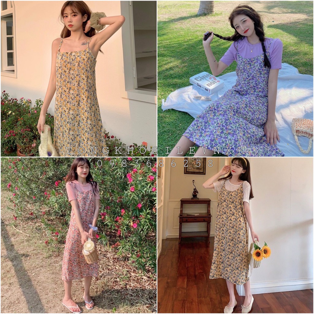 (SET VNXK) SET YẾM HOA NHÍ + ÁO TÍM TRẮNG VÀNG VINTAGE - VÁY YẾM HOA ULZZANG