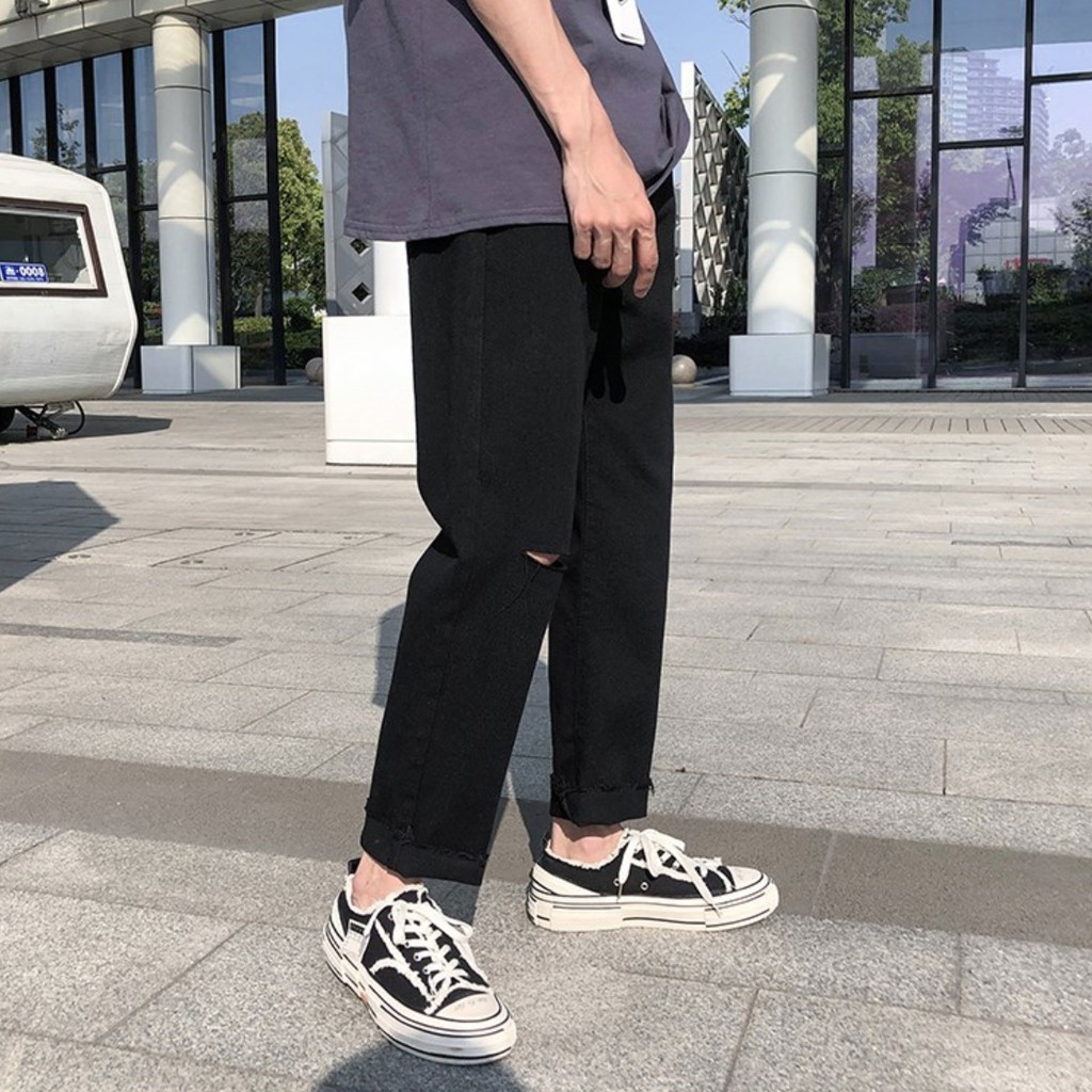 [Tiền Nào Của Đấy]Quần Jean Baggy Nam Rách Gối Ống Rộng Đen Trơn Không Phai Màu Vải Co Giãn-B05