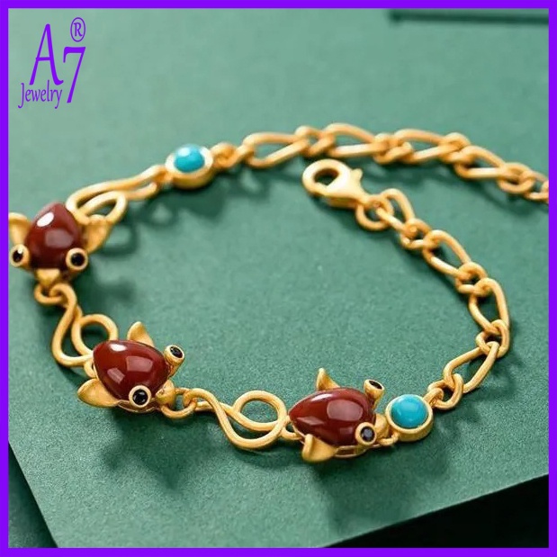 Vòng Tay Mạ Bạc 925 Hình Cá Đính Đá Ngọc Lam/Đá A7 S925 Thời Trang Cho Nữ