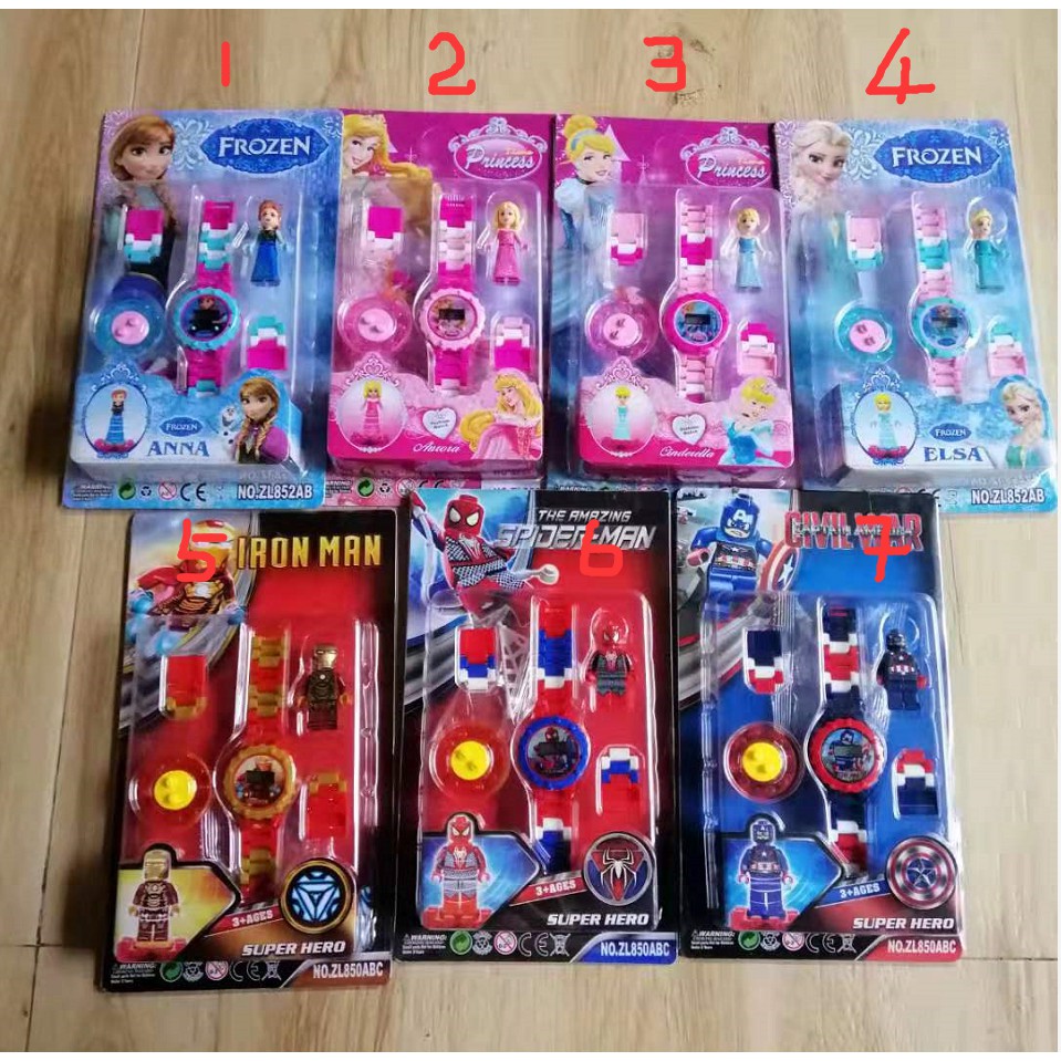 Đồng hồ Lắp ghép nhiều mẫu Spiderman Iron man Captain America Elsa Cinderella Aurora Anna