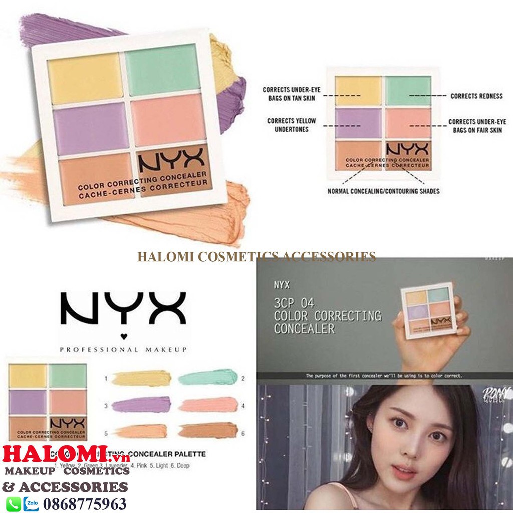 Che Khuyết Điểm NYX 6 Ô Color Correcting Concealer Palette (1,5g x 6) Chuẩn Bill chính hãng cao cấp che mọi khuyết điểm