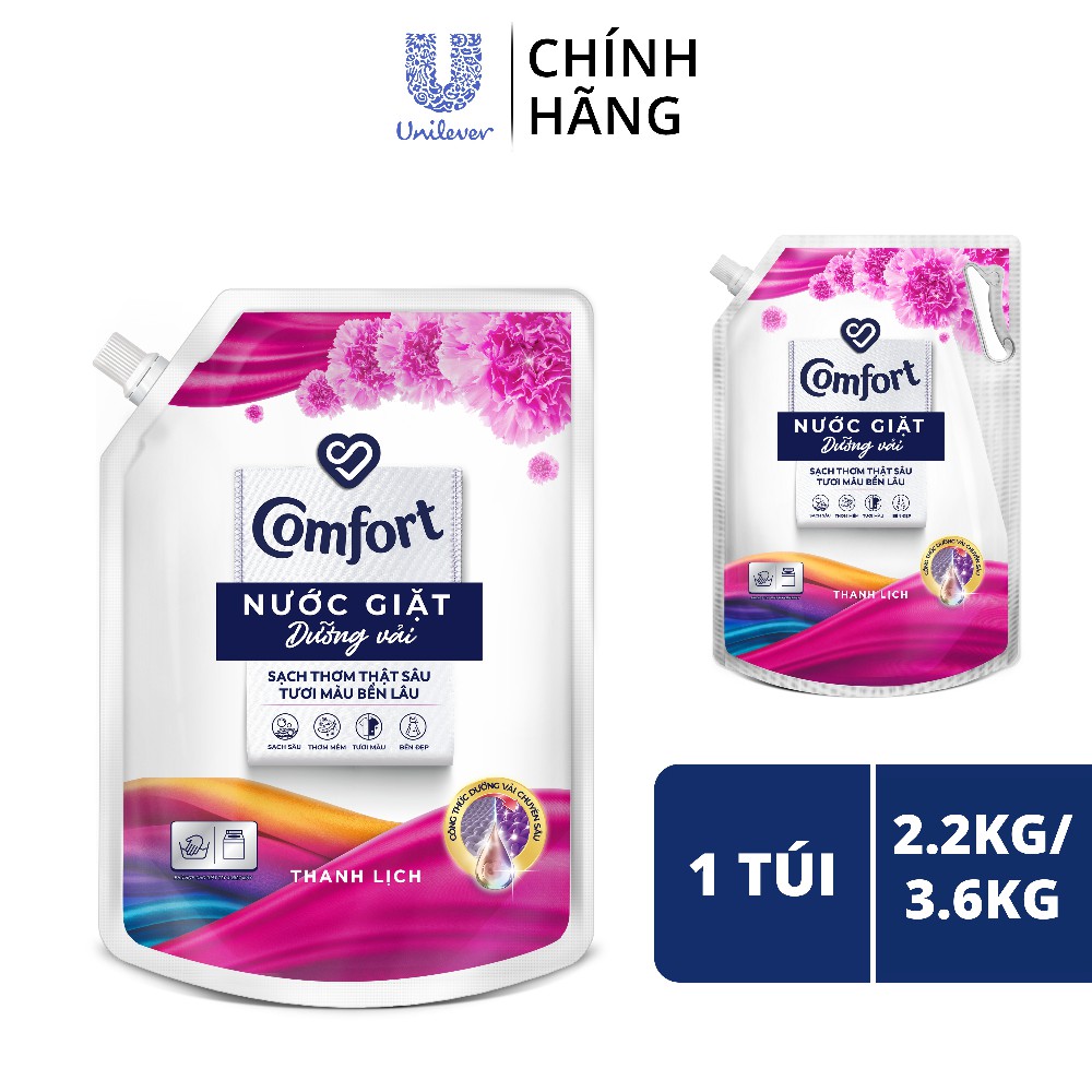 Nước Giặt Dưỡng Vải Comfort Đa Chức Năng Hương Thanh Lịch Giúp Quần Áo Sạch Thơm &amp; Tươi Màu Túi 2,2kg/3,6kg