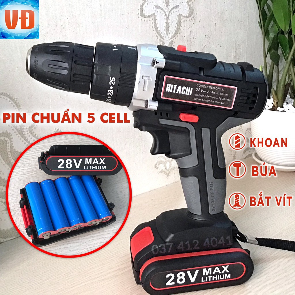 [FREESHIP + TẶNG BỘ DỤNG CỤ 22 MÓN] Máy Khoan Pin HITACHI 2 PIN 28V CHUẨN 5 CELL (Có Búa) 3 chức năng - Made In Japan