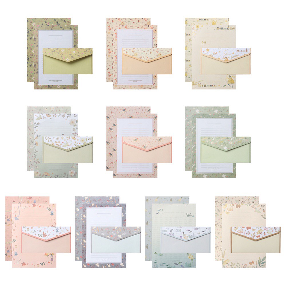 Bộ 3 cái phong bì và 6 tờ giấy viết thư in hoa hoạt hình cổ điển đáng yêu