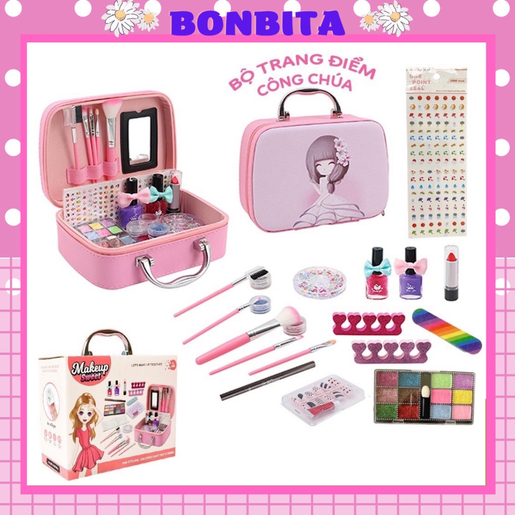 Vali trang điểm cho bé gái, đồ chơi makeup trẻ em cao cấp có hơ móng tay
