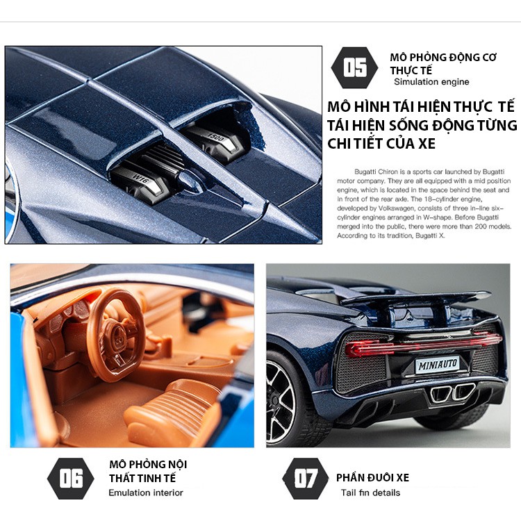 Xe mô hình tỉ lệ 1:32 Bugatti Chiron chính hãng Miniauto, có đế trưng bày