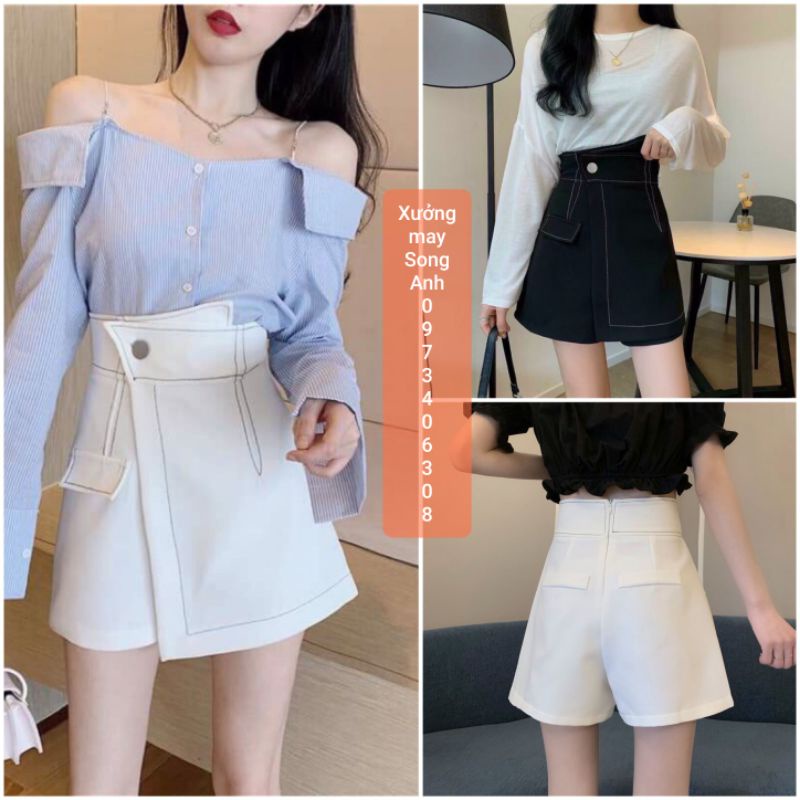 Quần giả váy nữ lưng cao, quần short nữ cạp cao tà xếp lệch vải tuyết mưa đen/trắng