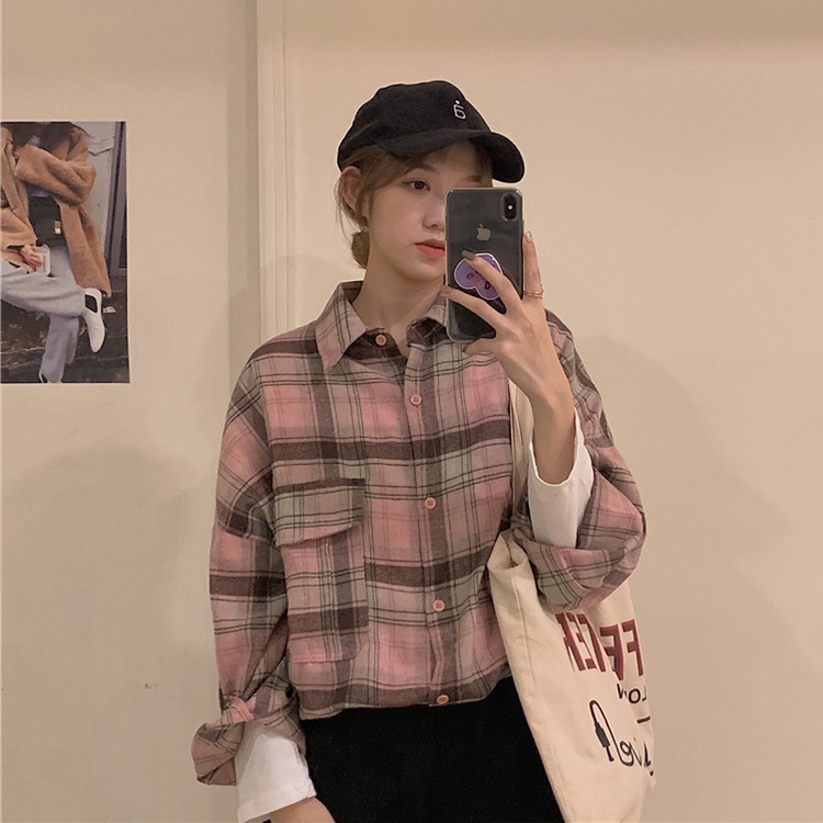 Áo sơ mi SUXI cho nữ dài tay họa tiết ca rô thời trang Hàn Quốc