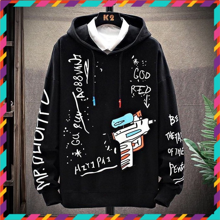 ÁO HOODIE NÓN NAM NỮ - Áo khoác hoodi MÀU ĐEN VẢI NỈ POLY IN SÚNG NƯỚC Unisex hoodie FREE SIZE DƯỚI 65KG dibbycloset