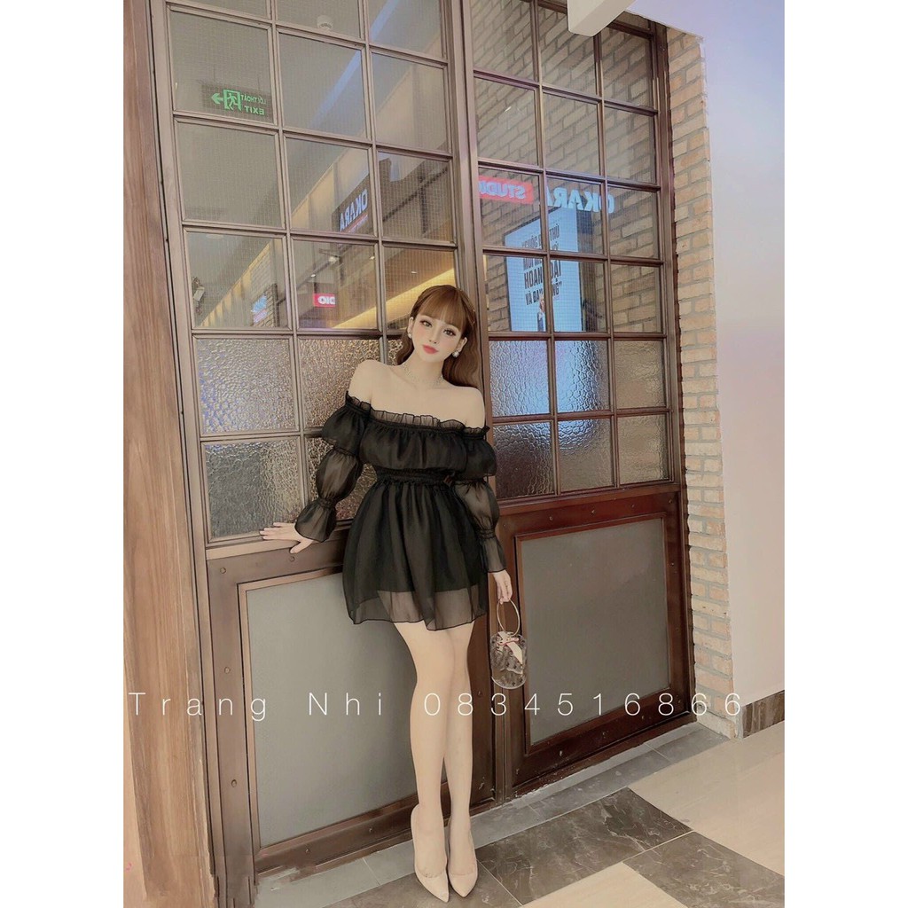 đầm tơ tay dài trễ vai bo nhún eo chất vải dày dặn hai lớp đầm thiết kế đẹp chuẩn hot girl LYN005
