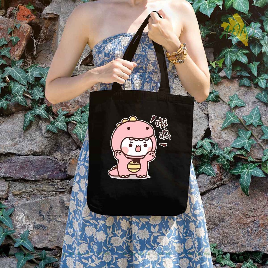 TOTE CANVAS hoat hình khủng long cute  TÚI VẢI ĐEO VAI BAG CÓ KHÓA KÉO SIZE LỚN 33x38cm AOMIVN DU LỊCH DẠO PHỐ