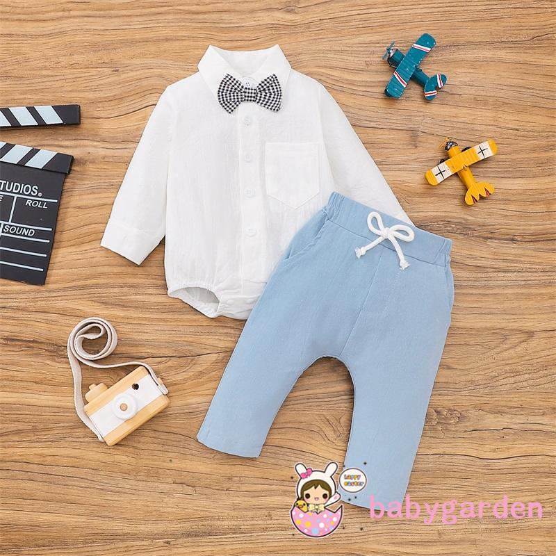 Set Đồ 2 Món Gồm Áo Sơ Mi Tay Dài Cổ Bẻ Màu Trơn Thắt Nơ + Quần Dài Lưng Thun Cho Bé Trai 0-24 Tháng Tuổi
