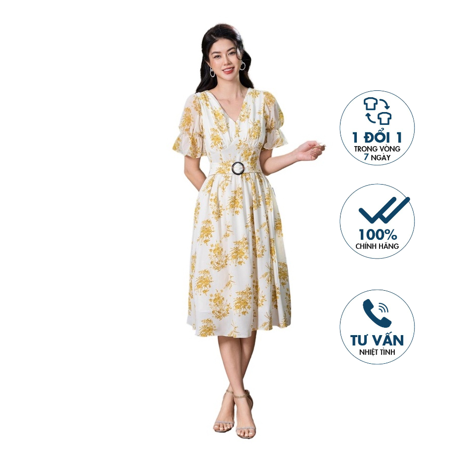 Đầm hoa dáng xòe, cổ tim, chun tay bồng Emspo DS3840