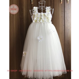 Váy phù dâu cho bé gái ❤️FREESHIP❤️ Váy phù dâu trắng tú cầu 2 lớp cho bé