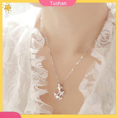 TUSH_Cute Silver Plated Double Dolphins Pendant Charm Chain Necklace Lady Jewelry