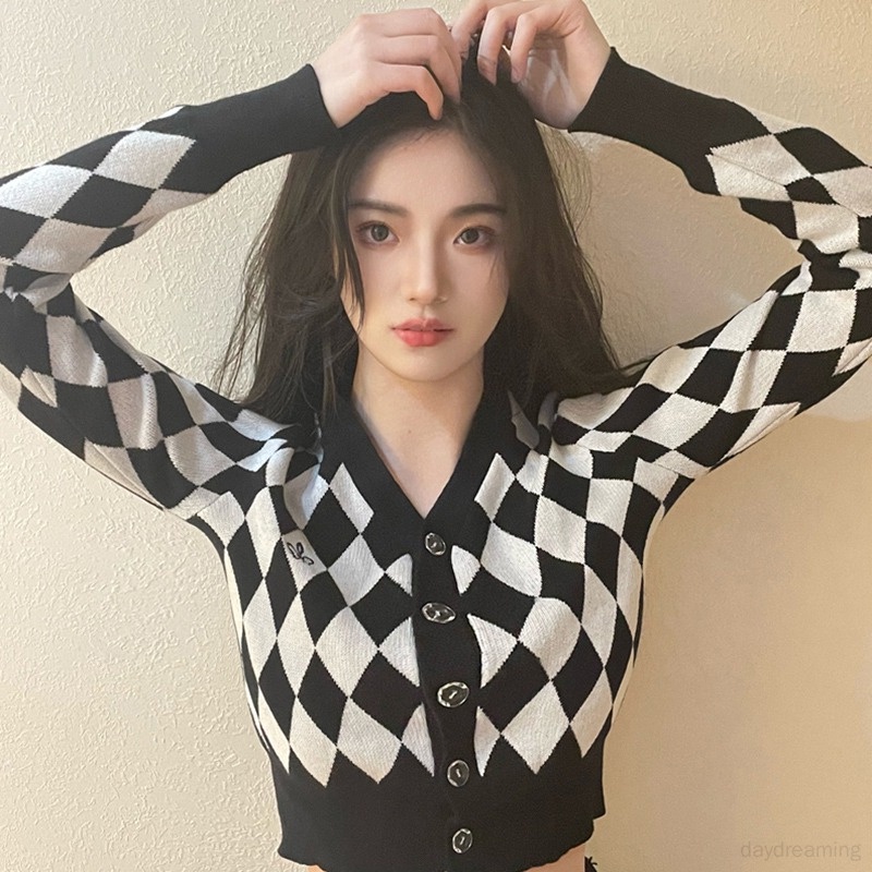 Áo Khoác Cardigan Dệt Kim Dáng Ngắn Cổ Chữ V Kẻ Sọc Caro Thời Trang Cho Nữ