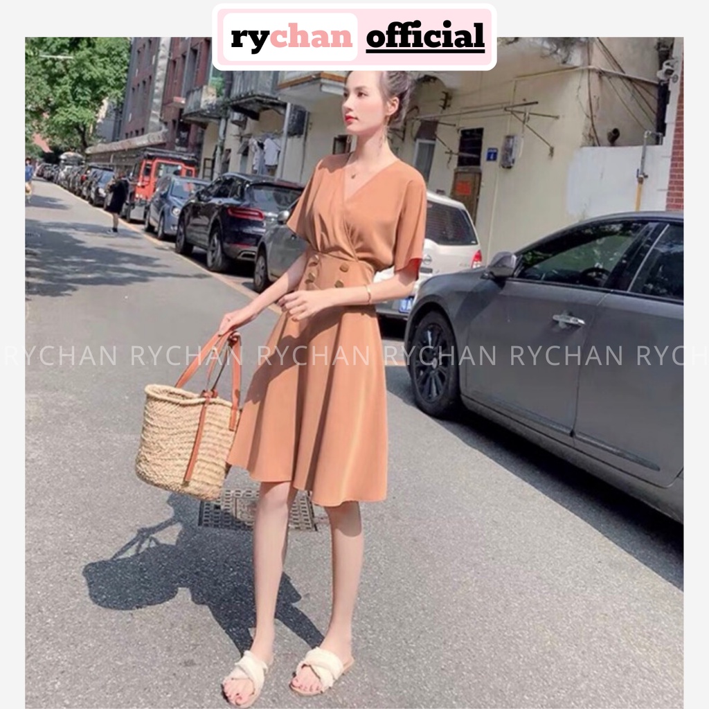 Đầm Công Sở 4 Nút Cổ V Tay Ngắn Form Xòe Thanh Lịch Dạo Phố Màu Nude [ẢNH THẬT CUỐI] - DX9766