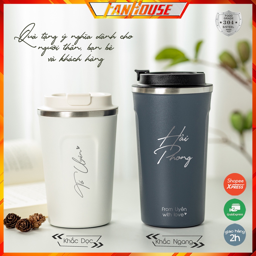 Cốc giữ nhiệt 510ml Fan House ly coffee holic inox 304, bình nước giữ nhiệt 12h khắc tên theo yêu cầu tặng Sticker