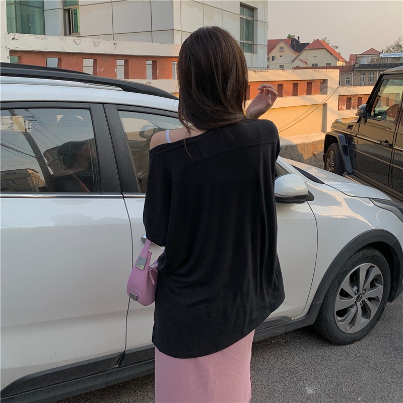 Áo Thun Tay Dài Dáng Rộng Xẻ Tà Kiểu Hàn Quốc Thời Trang Mùa Thu Cho Nữ