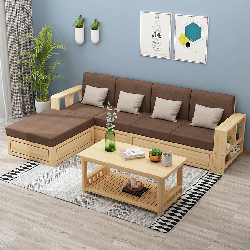 Ghế sofa gỗ đơn giản, kết hợp phòng khách nhỏ, phòng khách ba góc, ghế sofa gỗ thông chứa đồ, hai lần sử dụng vào mùa đô