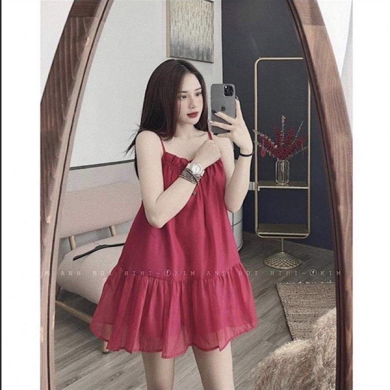 Bộ đũi 2 dây dáng xoè chun ngực babydoll dạng váy kèm quần sooc đùi