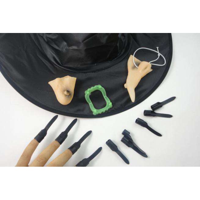 Bộ phụ kiện phù thủy 5 món : mũ, răng, mũi, cằm, móng tay hóa trang Halloween cho mọi lứa tuổi
