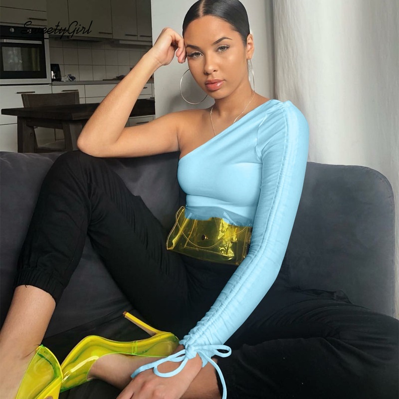 Áo Croptop Tay Dài Màu Sắc Trơn Thiết Kế Lệch Tà Phong Cách Đường Phố Dành Cho Nữ