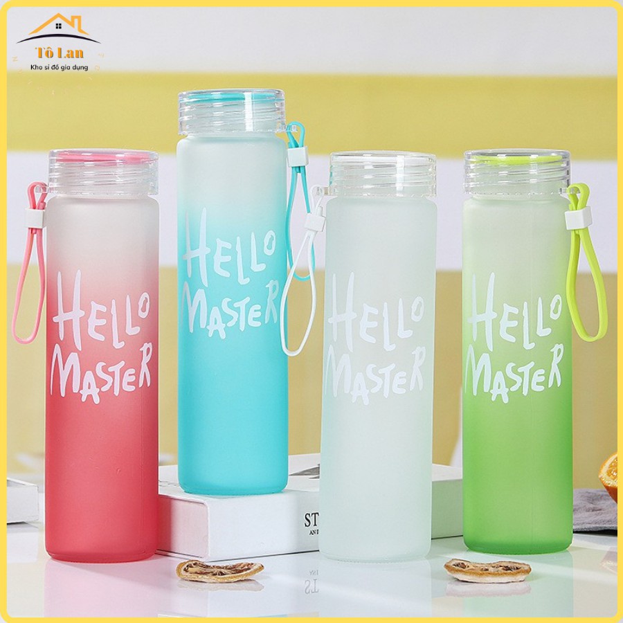 Bình Nước Thủy Tinh Dung Tích 450ml Hello Master / Bình Đựng Nước Có Dây Xách