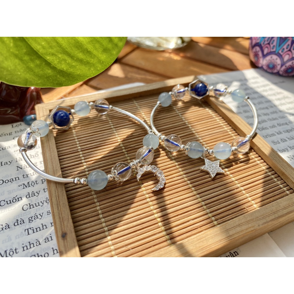 Vòng Phong Thủy mệnh Kim - Thủy. Đ.á Aquamarine kết hợp đ.á Mặt Trăng mix charm Trăng - Sao