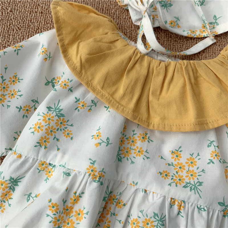 Set Áo Liền Quần Dài Tay Họa Tiết In Hoa + Mũ Đội Đầu Cho Bé Gái