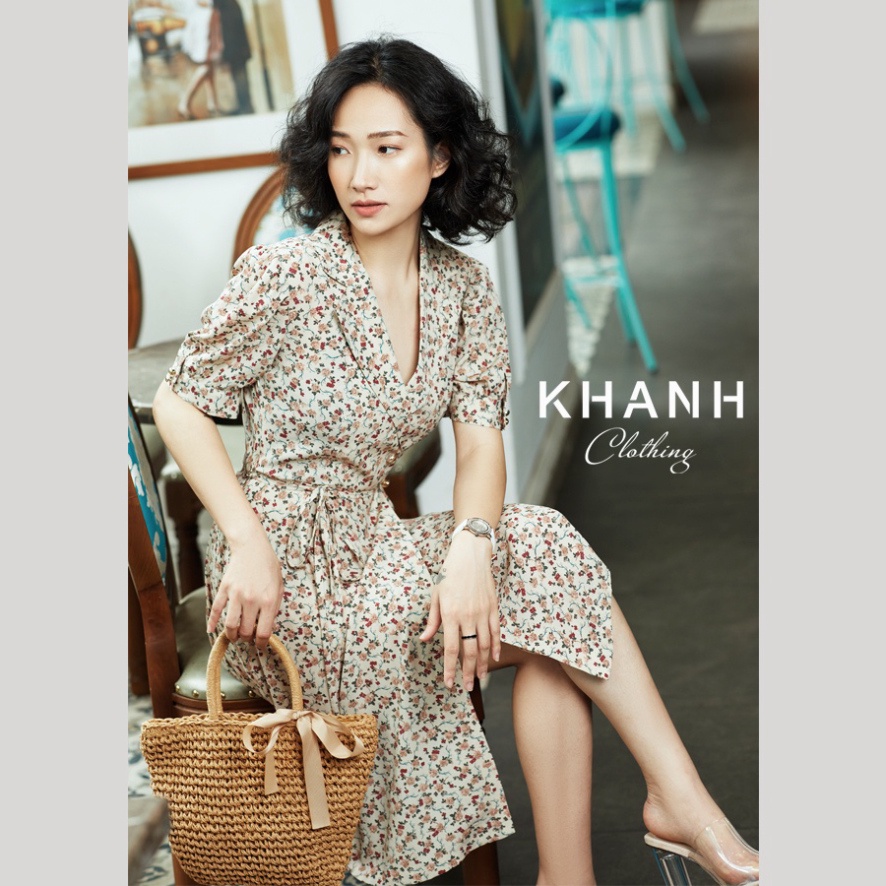 Váy hoa nhí buộc eo vintage cổ V thắt eo thanh lịch nữ tính | BigBuy360 - bigbuy360.vn