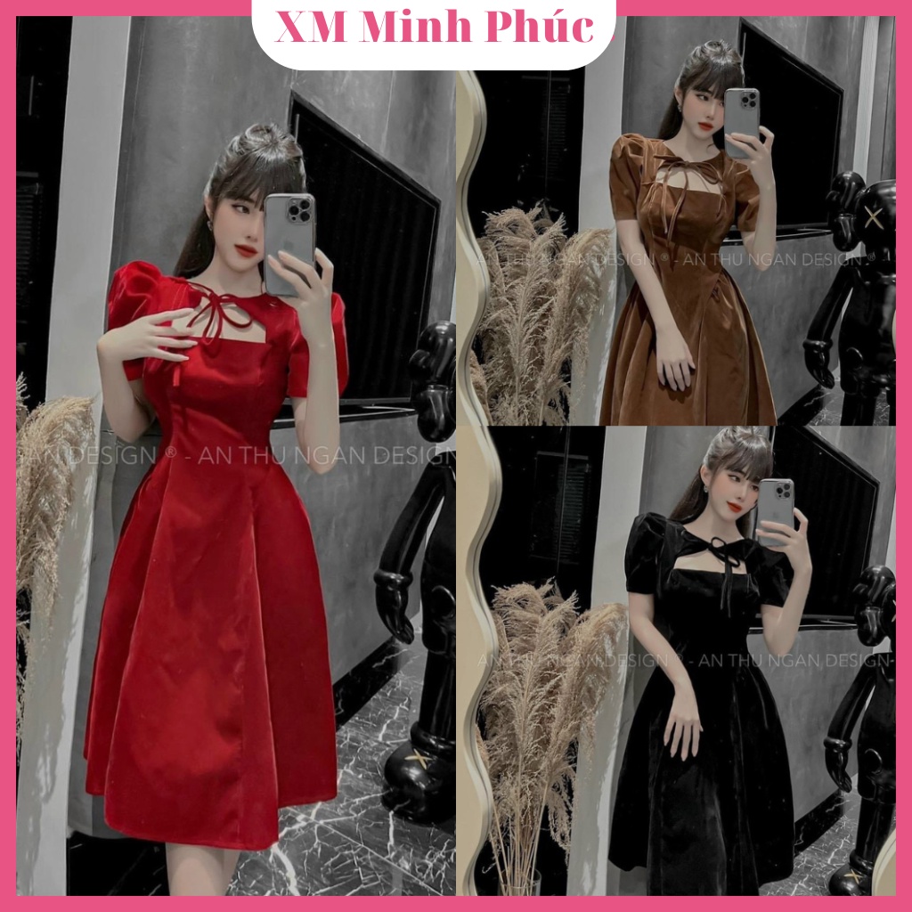 Đầm váy nữ dự tiệc dáng xòe MINH PHÚC, đầm tay bồng khoét ngực phối nơ sang chảnh sẵn 3 màu đen, đỏ, nâu