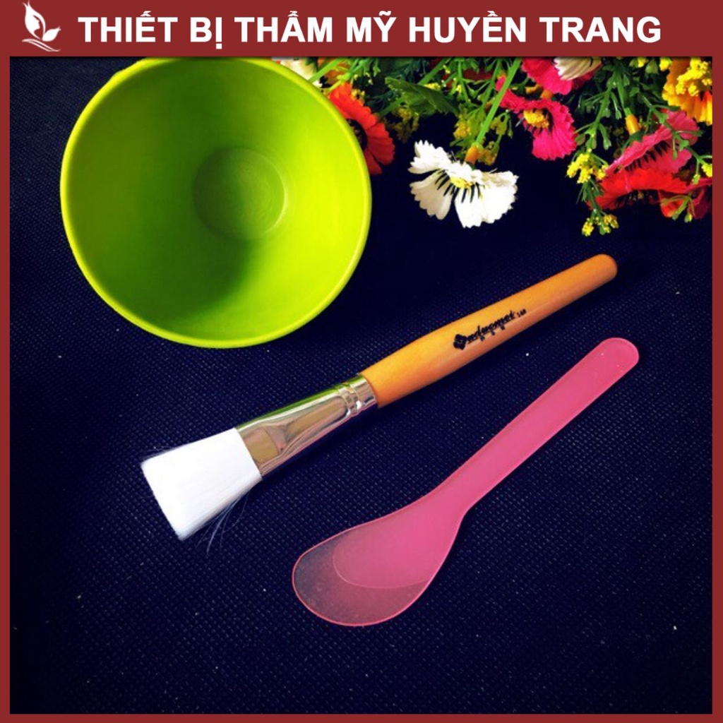 Bộ Bát Cọ Pha Mặt Nạ 3 Món: thìa, chổi cán gỗ, chén silicon - Thẩm Mỹ Huyền Trang NANOCEE