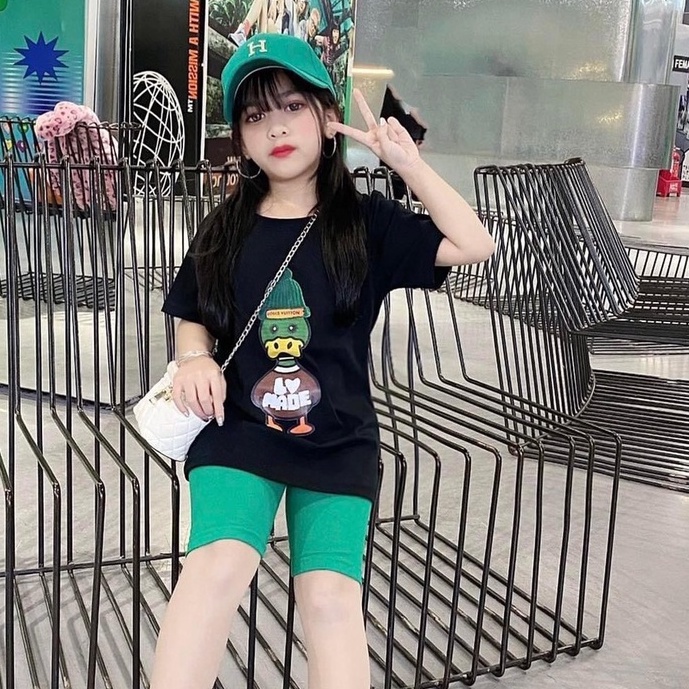 Đồ bộ bé gái, Set Áo phông thun cotton dáng thụng hình vịt và Quần legging đùi vải Zip tăm size Đại 18-33 kg, SUN KID'S