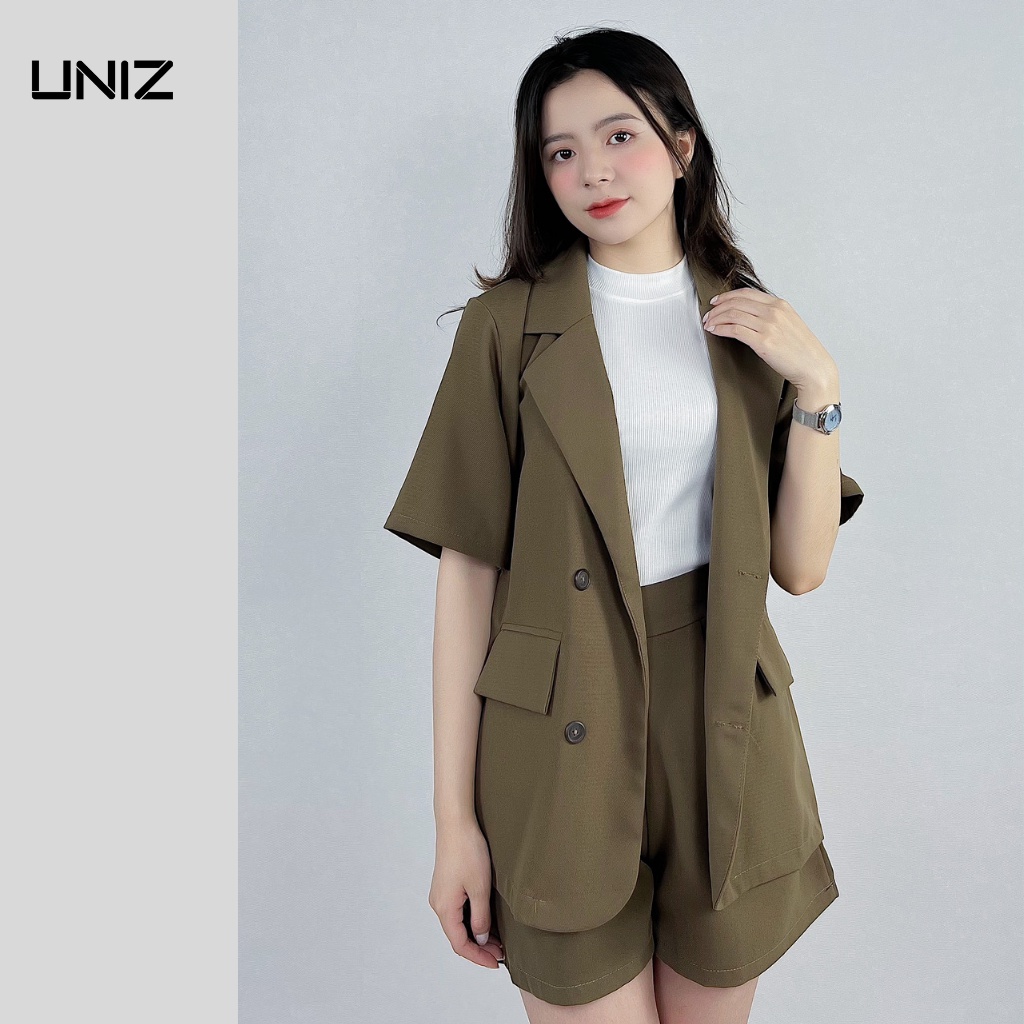 Set vest cộc tay UNIZ (màu nâu), áo blazer cộc tay, quần short cạp cao, form rộng, có cúc, chất trượt hàn 109