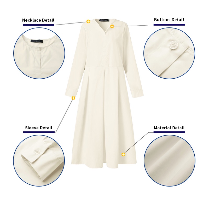 Đầm maxi Zanzea tay dài cài nút màu trơn thời trang cho nữ