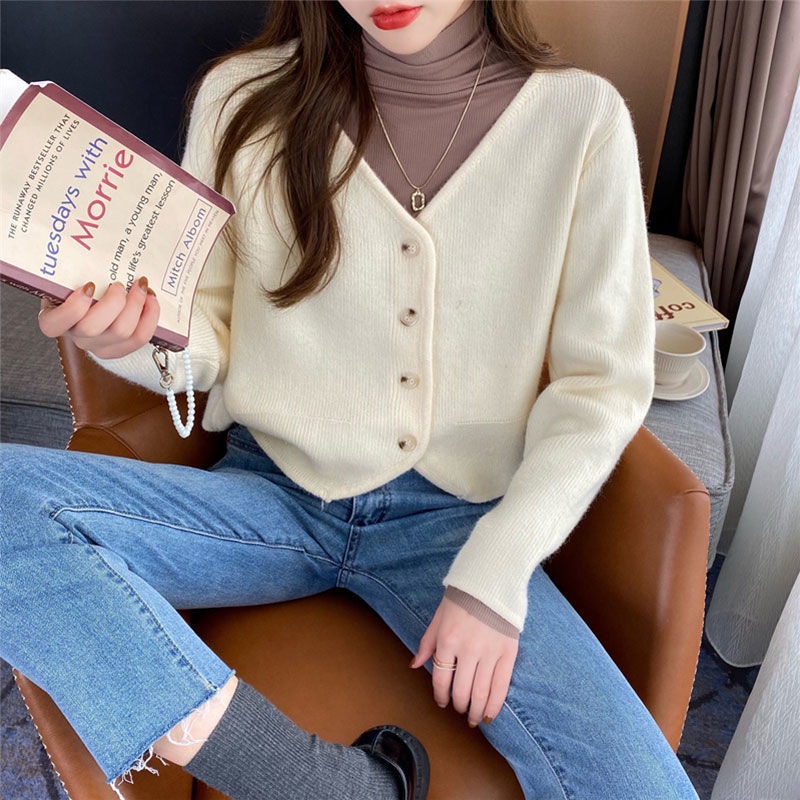 Áo Khoác cardigan Dệt Kim Dáng Rộng Cổ Chữ v Thiết Kế Mới Thời Trang Theo Phong Cách Hàn Quốc Cho Nữ